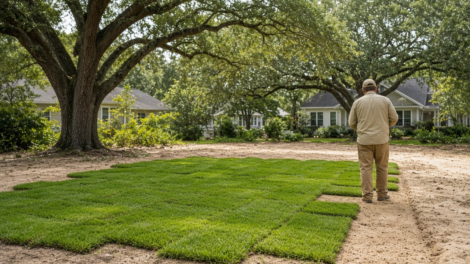 Sod being installed on a prepared lawn