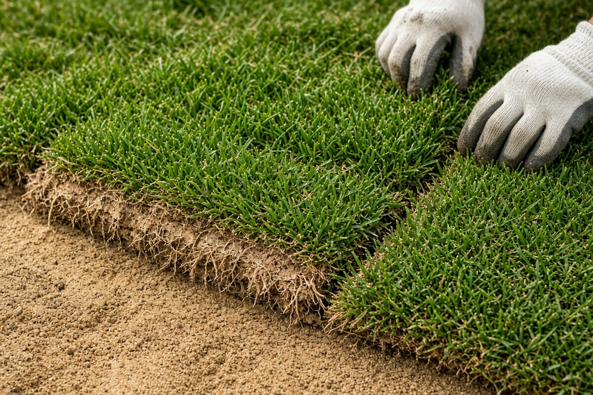 Fresh sod being laid across a prepared residential yard.