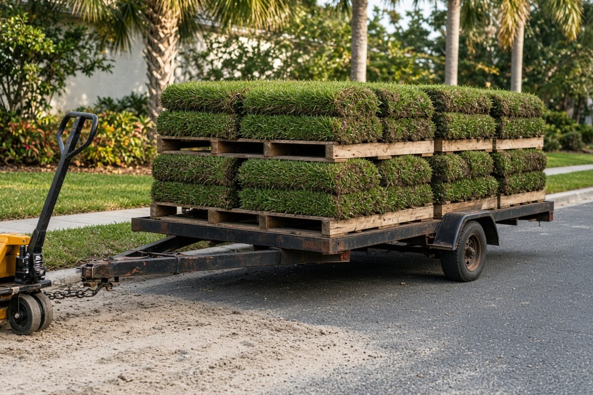 Pallets of sod staged for a residential delivery.
