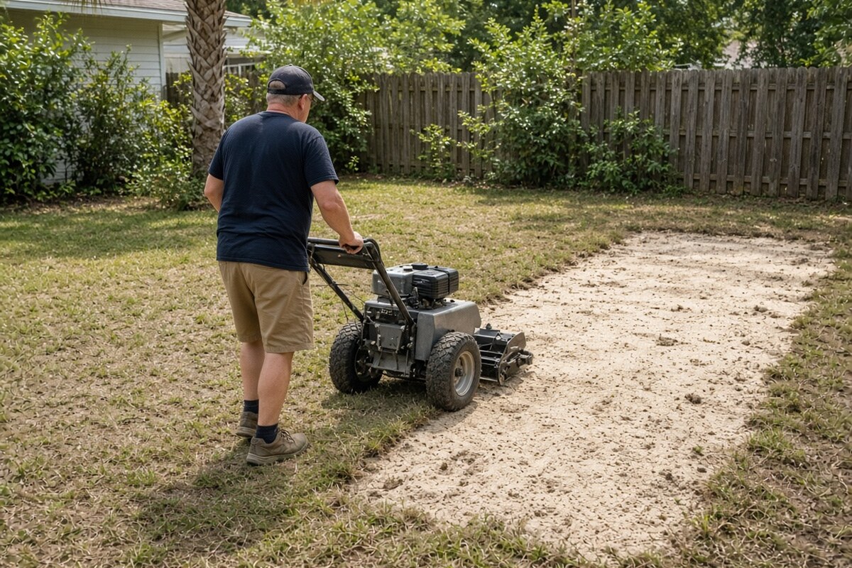 A thin lawn being stripped before new sod is installed