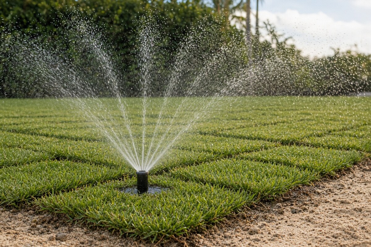 Freshly installed sod being watered